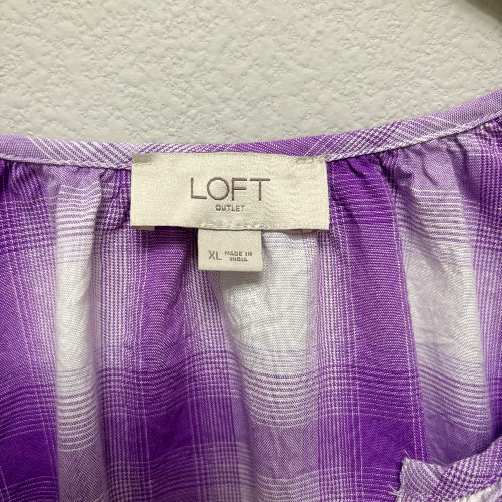 LOFT Purple White Plaid Split Neck Peasant Blouse XL EUC - Picture 4 of 7
